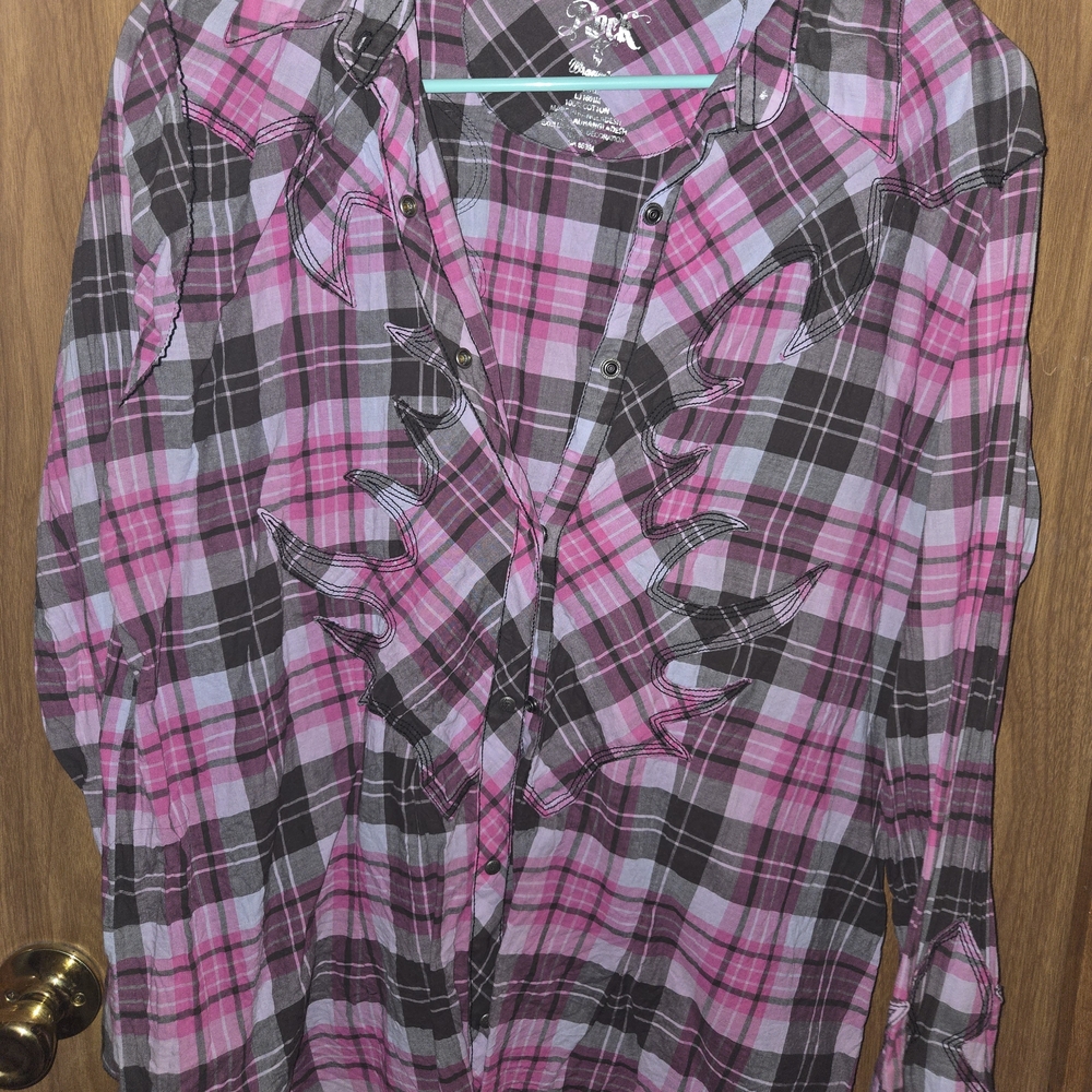Pink and Gray Plaid Western Snap Shirt with Embroidery